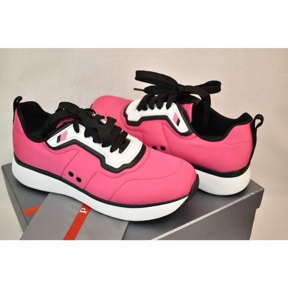NIB PRADA 3E6321 WOMEN PINK NYLON LACE UP LOGO LOW TOP PLATFORM SNEAKERS 40 - Picture 8 of 12